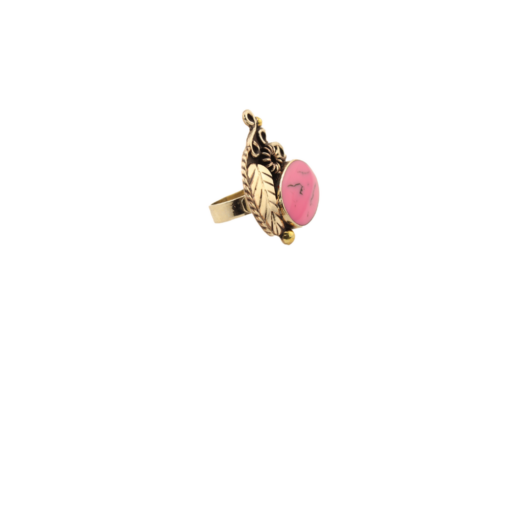 Carlota - Enameled Leaf - Pink Adjustable Ring -  1.25 In. x 1 In.