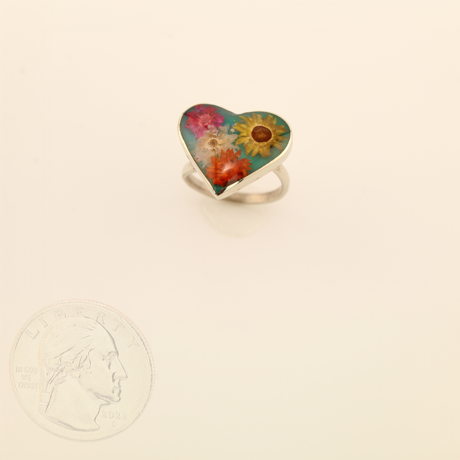 EternalNature-DriedFlowersRing-Heart-GreenandYellow1Inx.75In-Adjustable