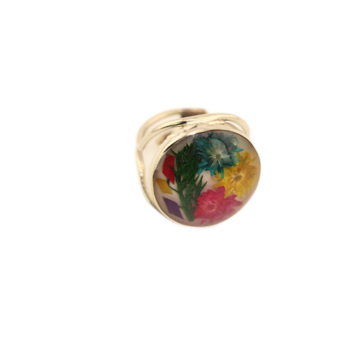 Eternal Nature - Dried Flowers Adjustable Ring - Round - Multicolor  1 In x  1 In