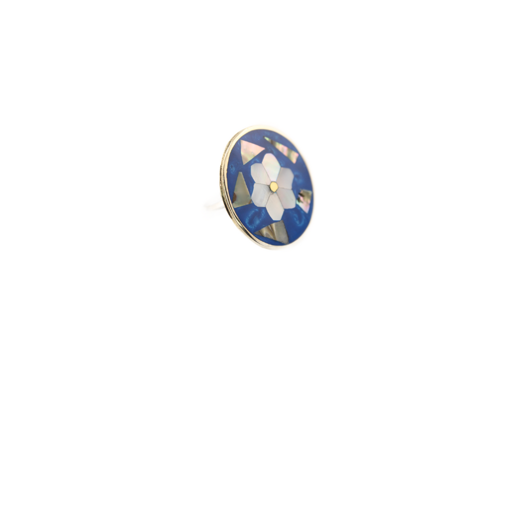 Ocean's Whisper - Abalone Mother of Pearl Ring - Round Flower - Blue - 1.25 In x 1.25 In - Adjustable