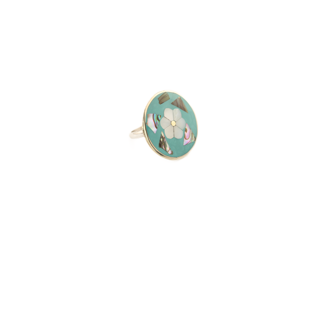 Ocean's Whisper - Abalone Mother of Pearl Ring - Round Flower - Green - 1.25 In. x 1.25 In. - Adjustable