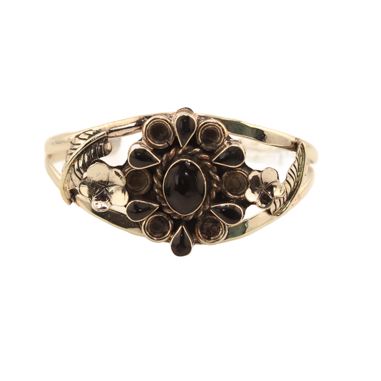 Talisman - Enameled Filigree Flower Bracelet - Black - Adjustable 8 In